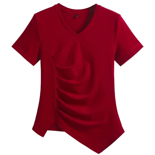 Chic V-Neck Pleated Cotton Tee - Irregular Hem