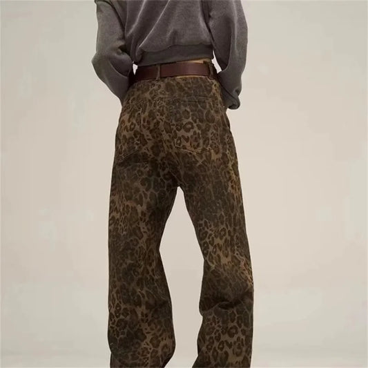 Leopard Print Wide-Leg Jeans - Oversized Vintage Streetwear Denim