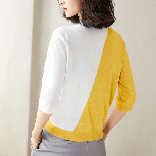 V-Neck Patchwork Cardigan - Contrast Color, Asymmetrical Design