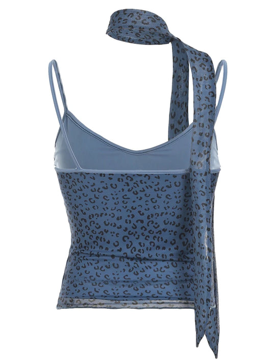 Leopard Print Mesh Camisole - Double Layer, Backless Y2K Style