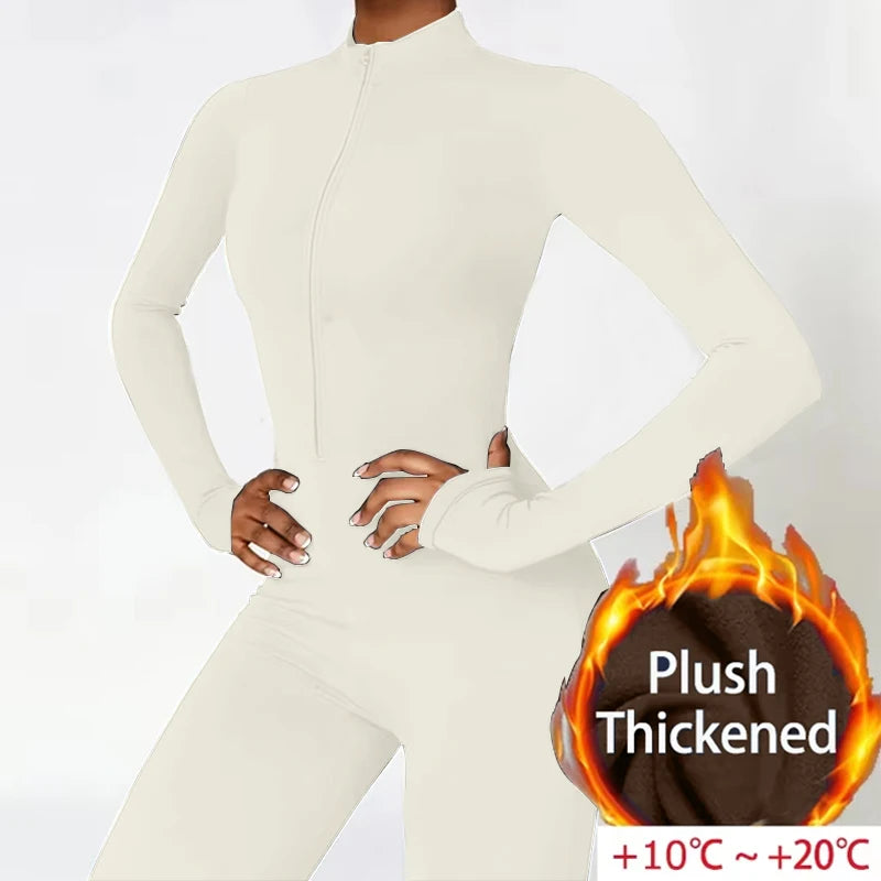 Warm Plush One-Piece Sports Jumpsuit – Women's Winter Fitness Tracksuit