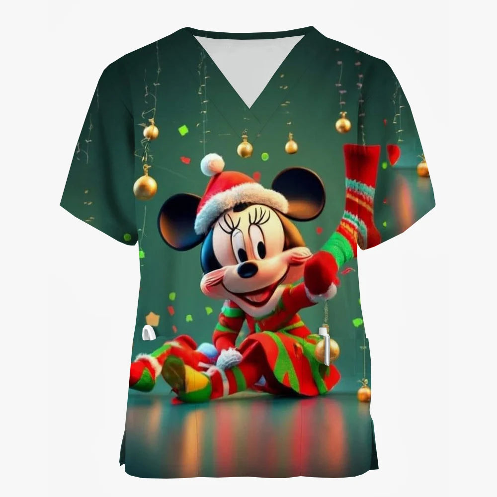 Mickey Mouse Nursing Scrub Top - V-Neck with Pockets, Christmas Edition