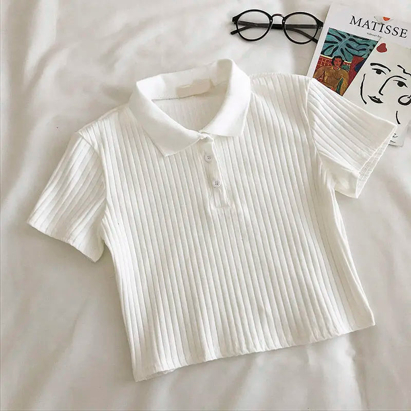 Youthful Knit Polo Crop Top - Short Sleeve