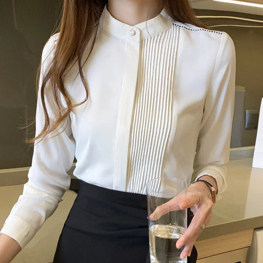 023 Chiffon Bow V-Neck Blouse - Long Sleeve Office Top