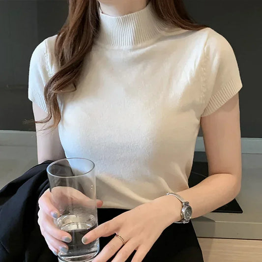 2024 Summer Turtleneck Knit Blouse - Short Sleeve