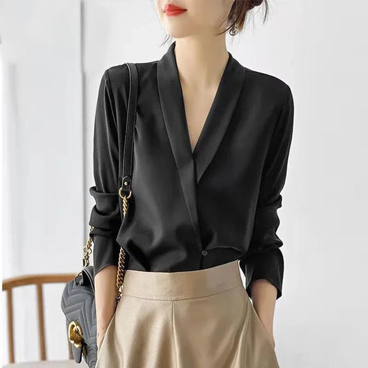 Silk Satin V-Neck Tunic - Long Sleeve, Office Chic