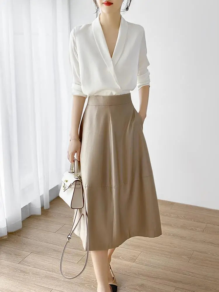 Silk Satin V-Neck Tunic - Long Sleeve, Office Chic