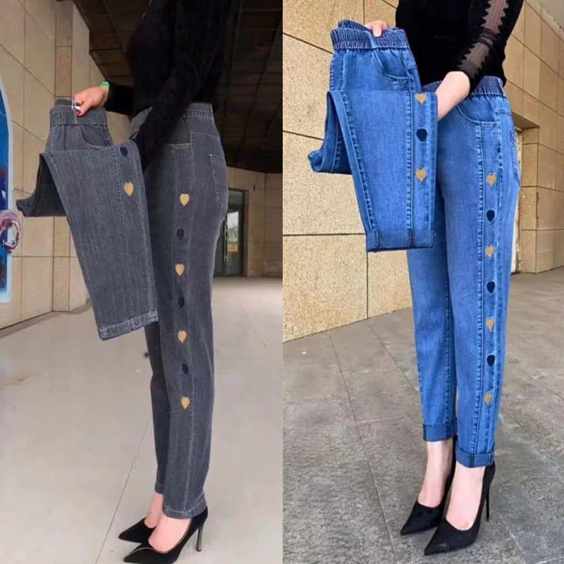 Winter Embroidered High-Waist Skinny Jeans - Stretch Elastic Denim Pants for Women (5XL)