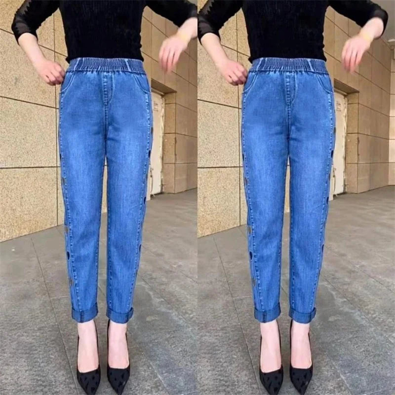 Winter Embroidered High-Waist Skinny Jeans - Stretch Elastic Denim Pants for Women (5XL)