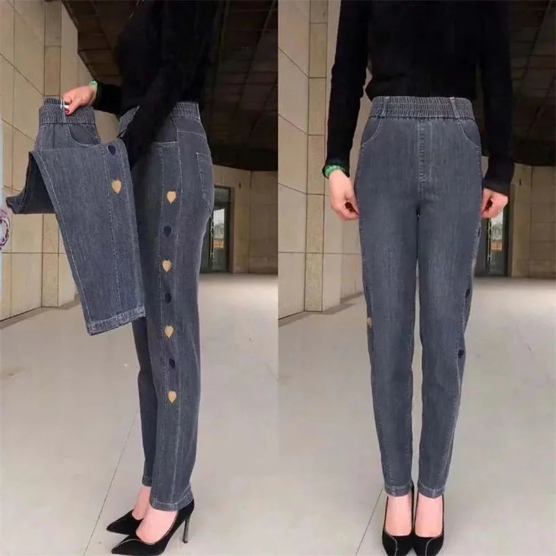 Winter Embroidered High-Waist Skinny Jeans - Stretch Elastic Denim Pants for Women (5XL)