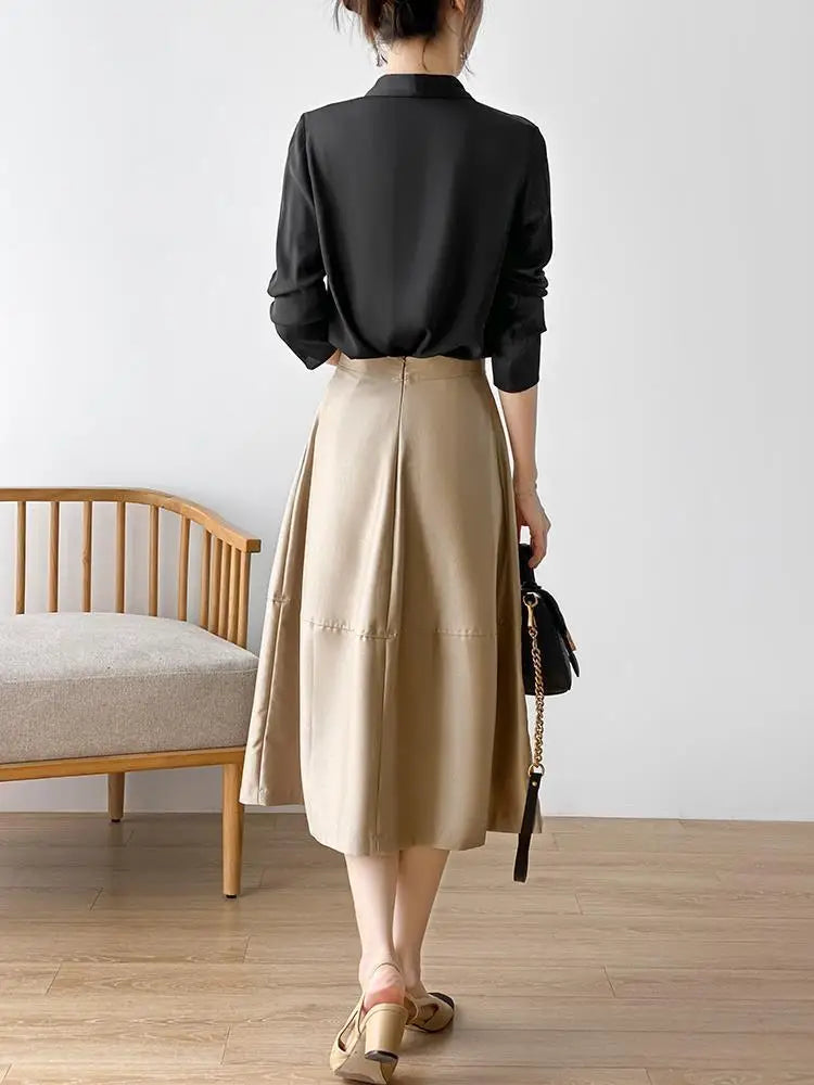 Silk Satin V-Neck Tunic - Long Sleeve, Office Chic