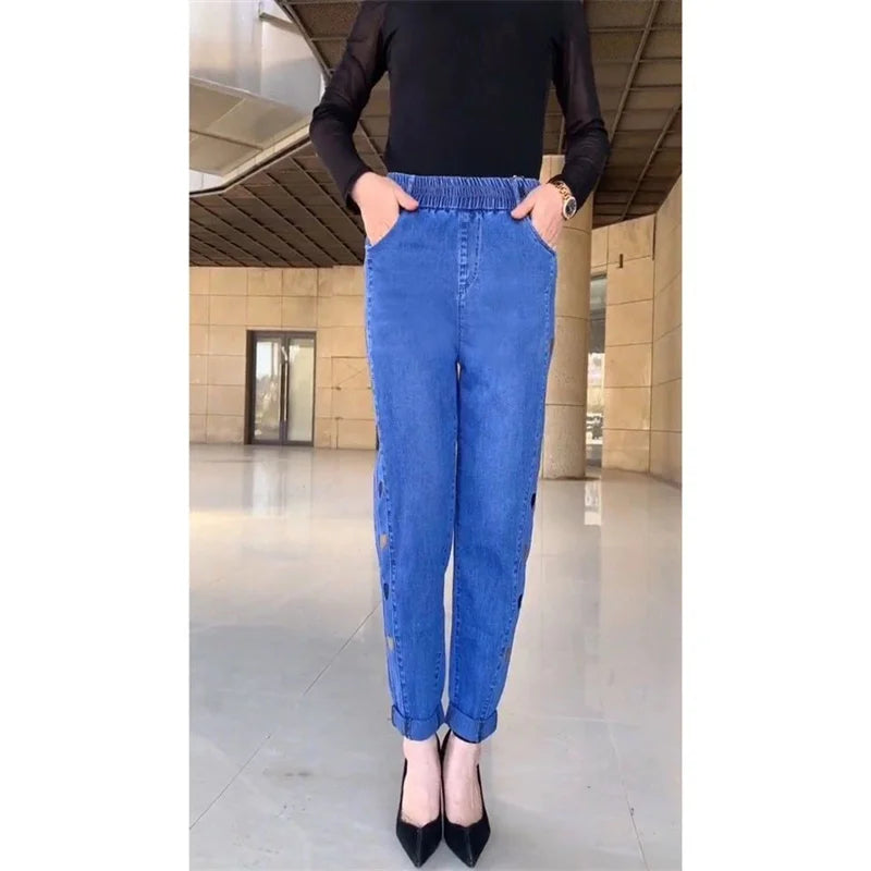 Winter Embroidered High-Waist Skinny Jeans - Stretch Elastic Denim Pants for Women (5XL)