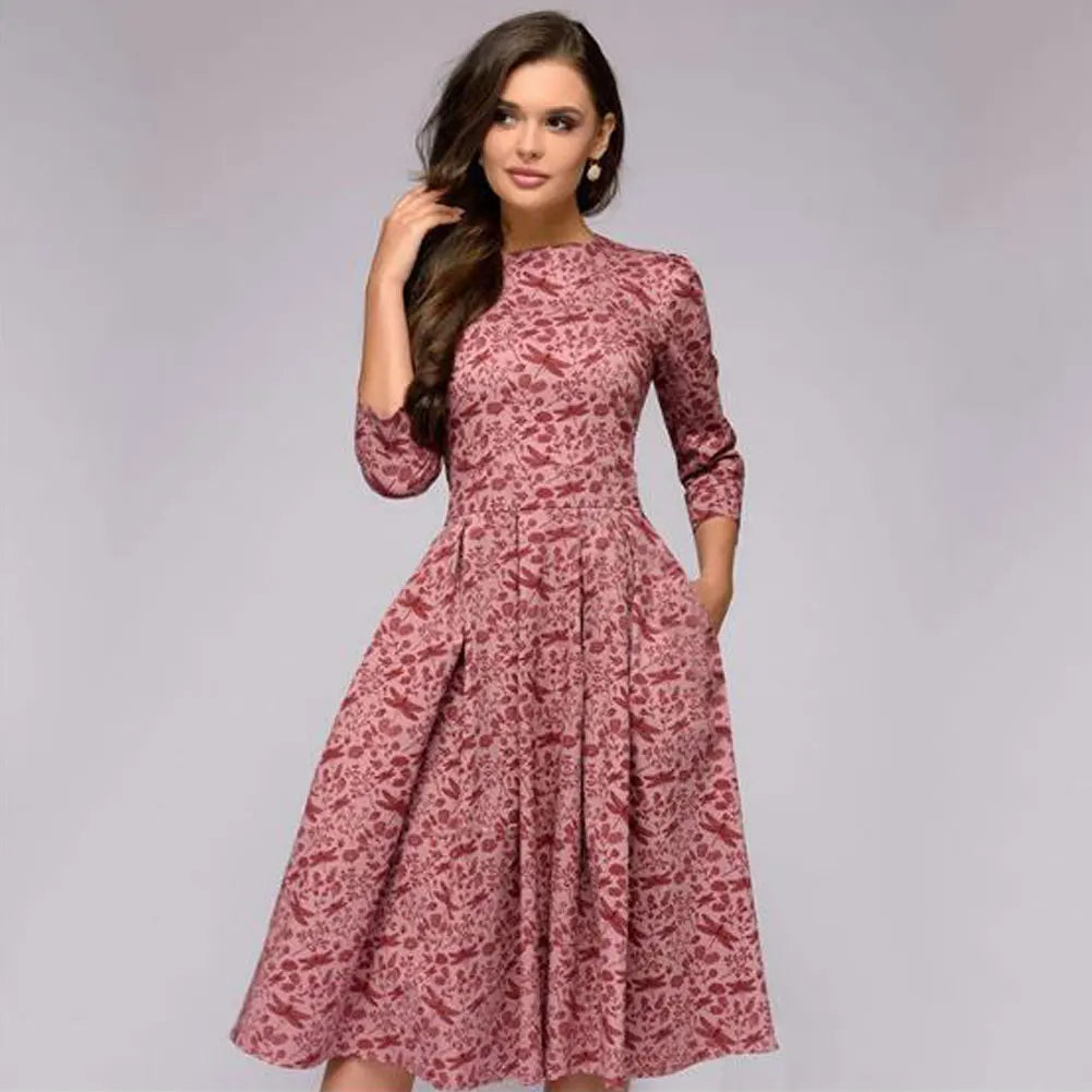 Vintage Pleated A-Line Tunic Dress - Elegant Long Sleeve Autumn Party Maxi Dress for Women