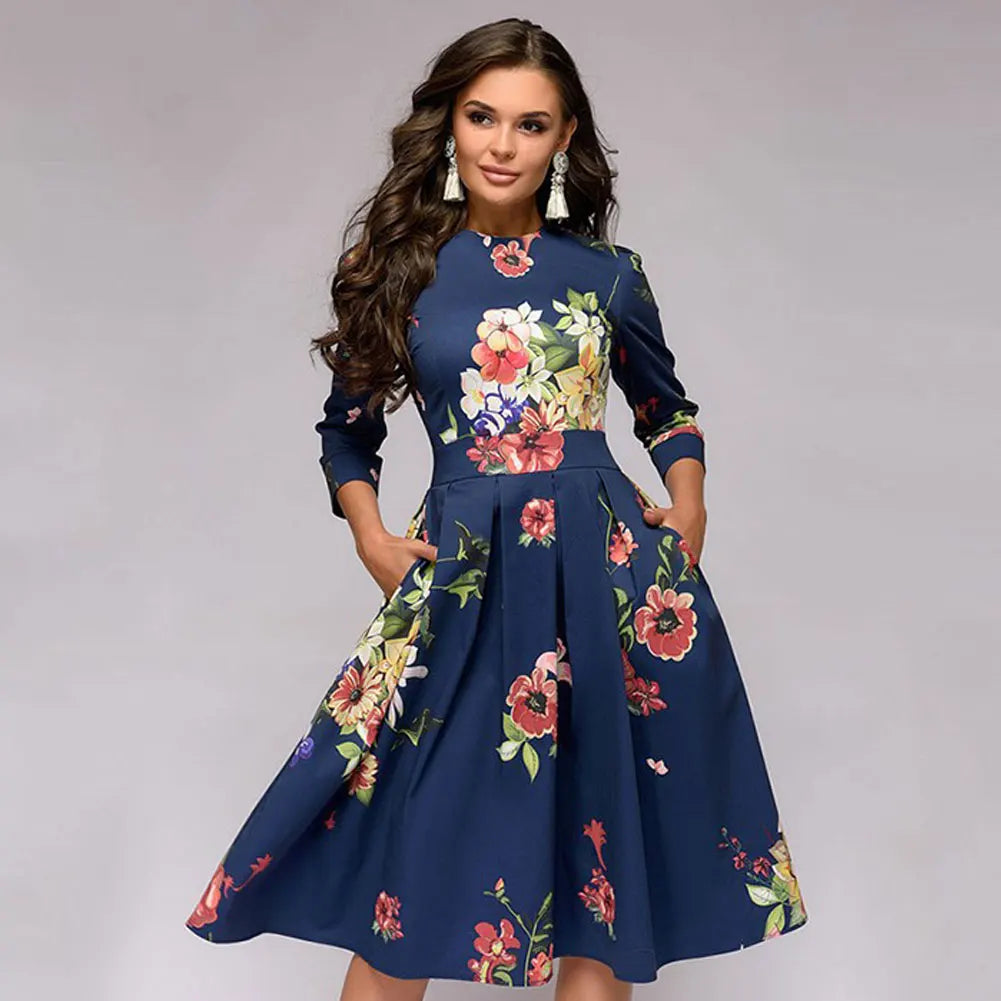 Vintage Pleated A-Line Tunic Dress - Elegant Long Sleeve Autumn Party Maxi Dress for Women