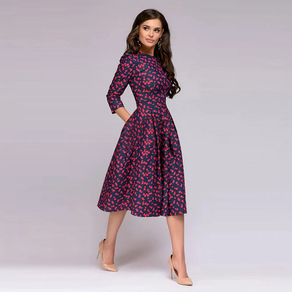 Vintage Pleated A-Line Tunic Dress - Elegant Long Sleeve Autumn Party Maxi Dress for Women