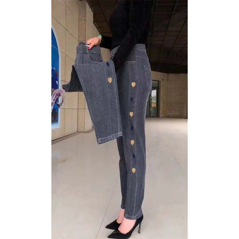 Winter Embroidered High-Waist Skinny Jeans - Stretch Elastic Denim Pants for Women (5XL)