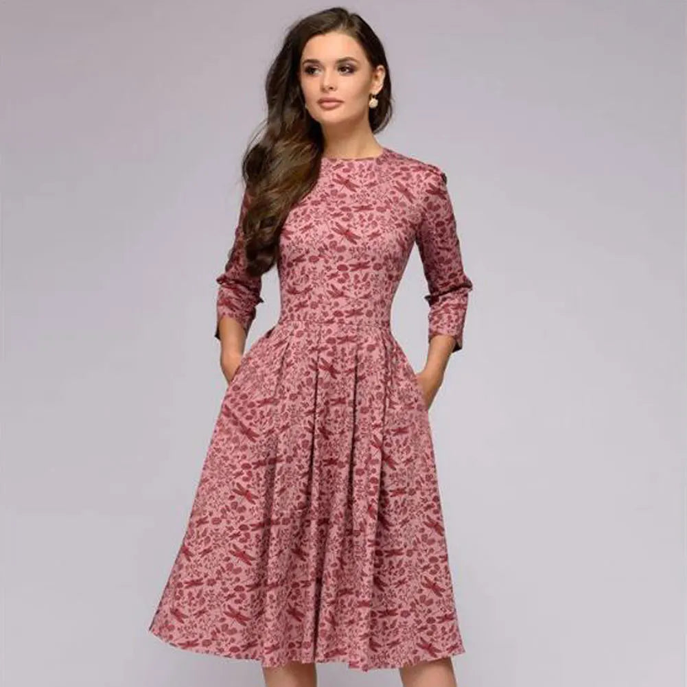 Vintage Pleated A-Line Tunic Dress - Elegant Long Sleeve Autumn Party Maxi Dress for Women