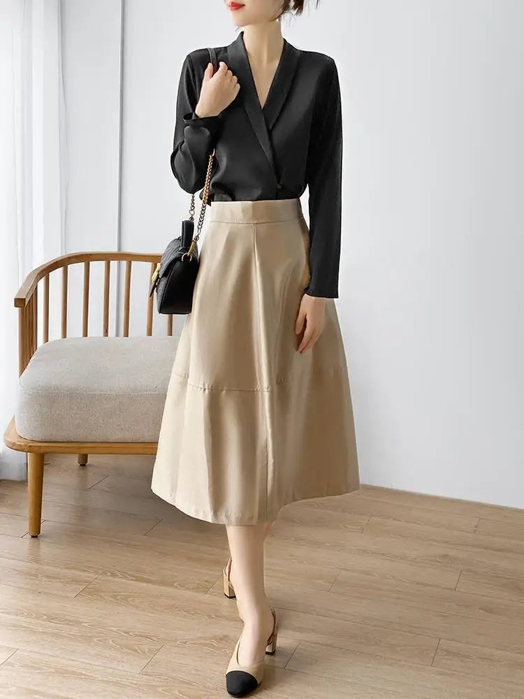 Silk Satin V-Neck Tunic - Long Sleeve, Office Chic