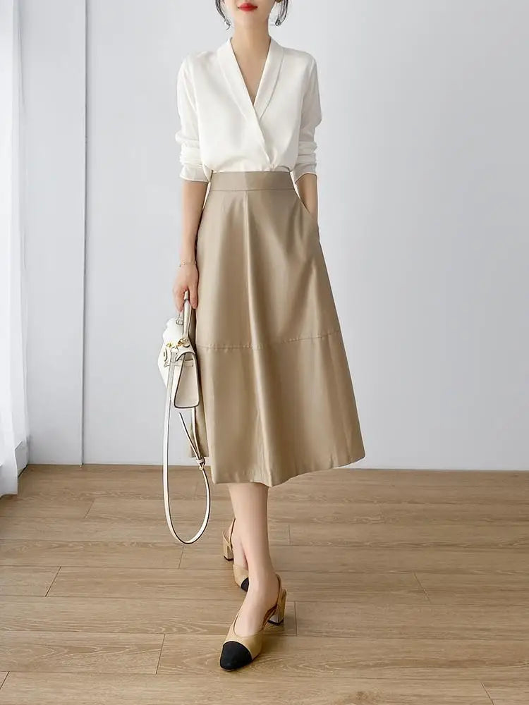 Silk Satin V-Neck Tunic - Long Sleeve, Office Chic
