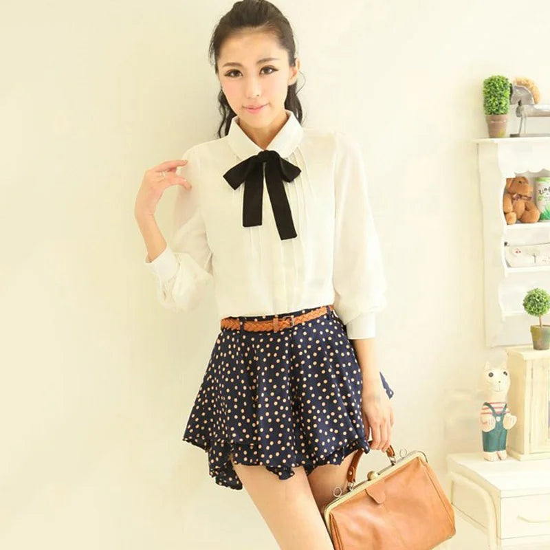 White Chiffon Blouse - Lapel Collar with Black Bow