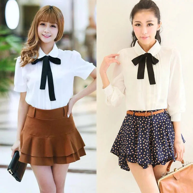 White Chiffon Blouse - Lapel Collar with Black Bow
