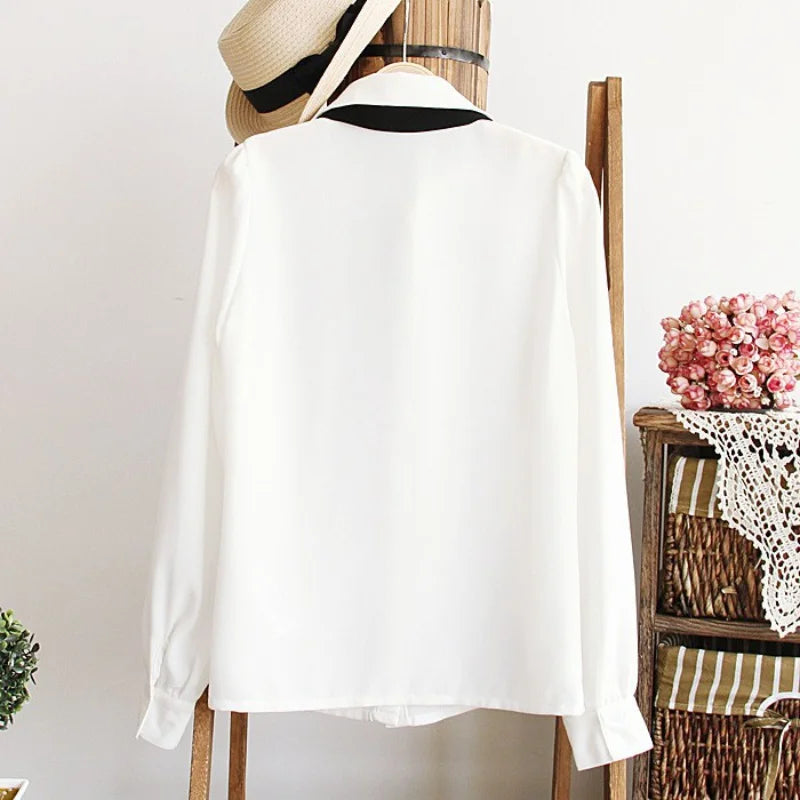 White Chiffon Blouse - Lapel Collar with Black Bow