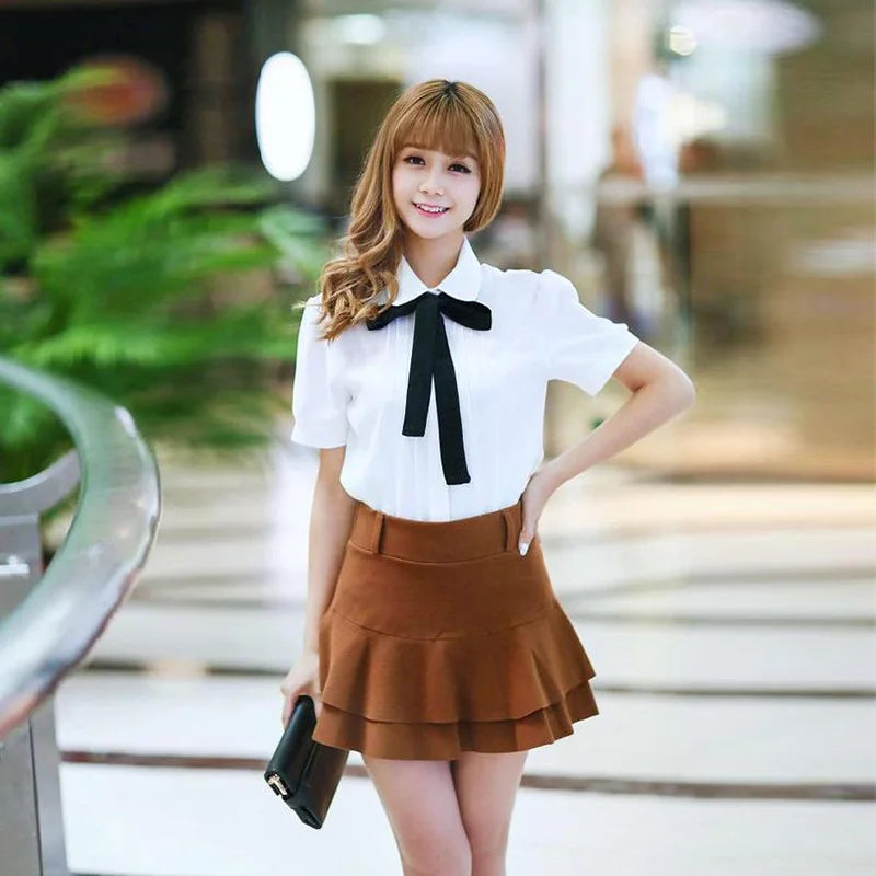 White Chiffon Blouse - Lapel Collar with Black Bow