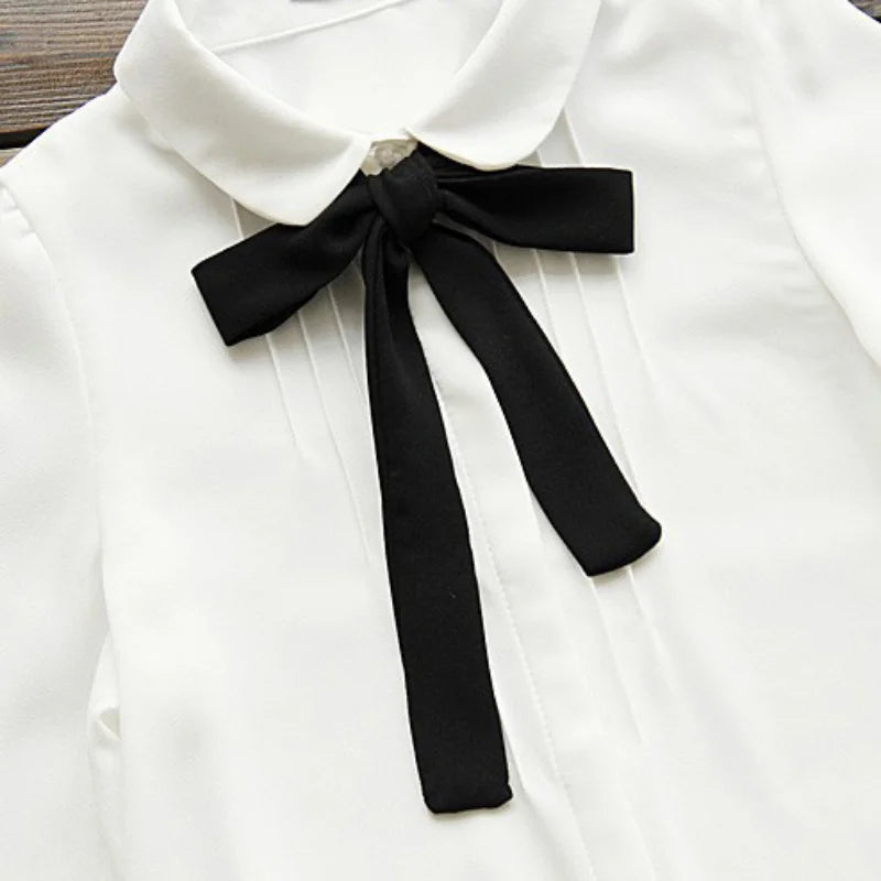 White Chiffon Blouse - Lapel Collar with Black Bow