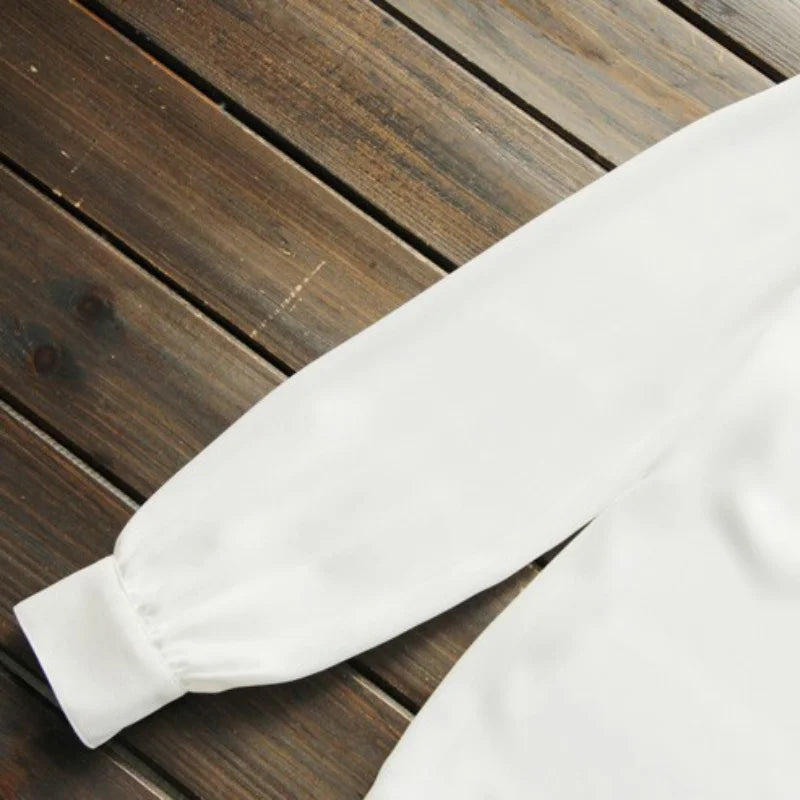 White Chiffon Blouse - Lapel Collar with Black Bow