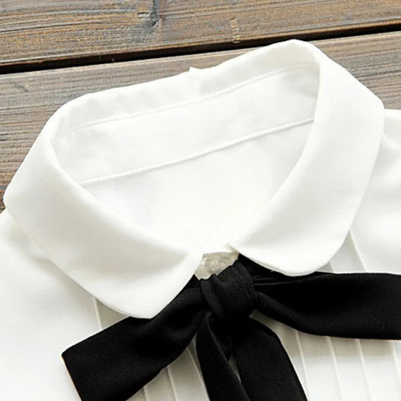 White Chiffon Blouse - Lapel Collar with Black Bow
