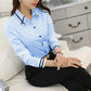 Elegant Lapel Collar Blouse - Long Sleeve, White/Blue Korean Style