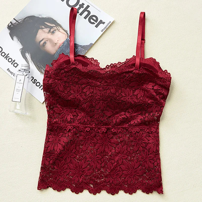 Floral Lace Bralette - Wirefree Sexy Camisole Top with Adjustable Straps & Removable Pads