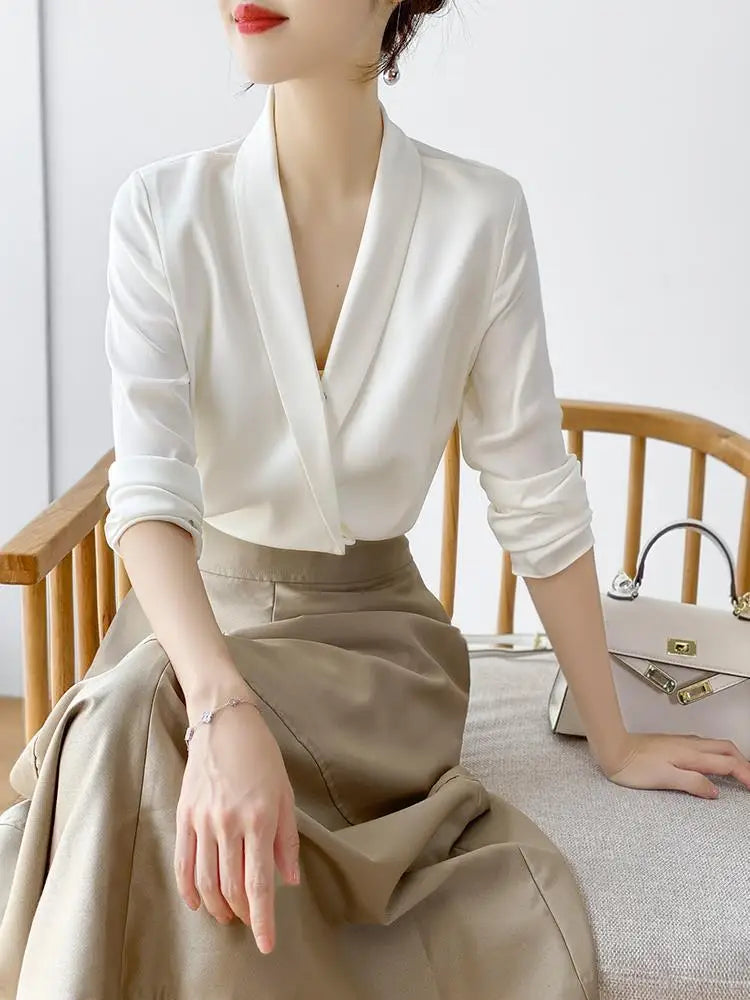 Silk Satin V-Neck Tunic - Long Sleeve, Office Chic