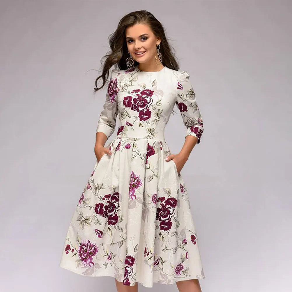 Vintage Pleated A-Line Tunic Dress - Elegant Long Sleeve Autumn Party Maxi Dress for Women