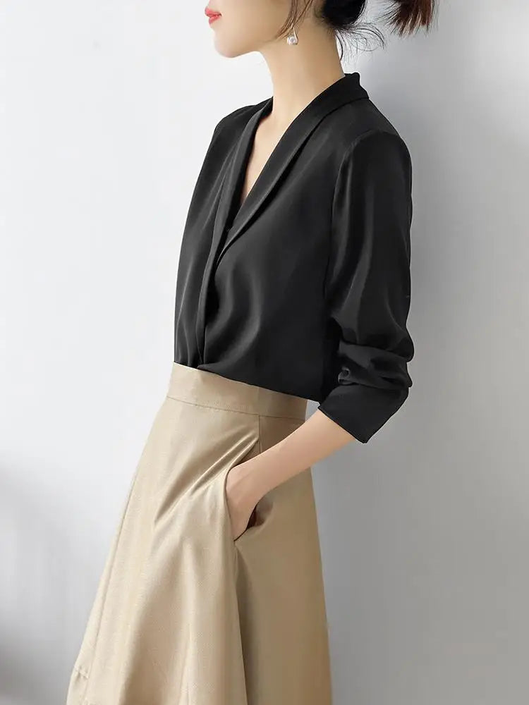 Silk Satin V-Neck Tunic - Long Sleeve, Office Chic