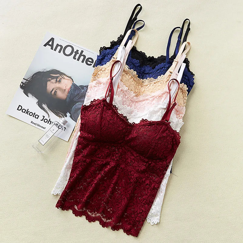 Floral Lace Bralette - Wirefree Sexy Camisole Top with Adjustable Straps & Removable Pads