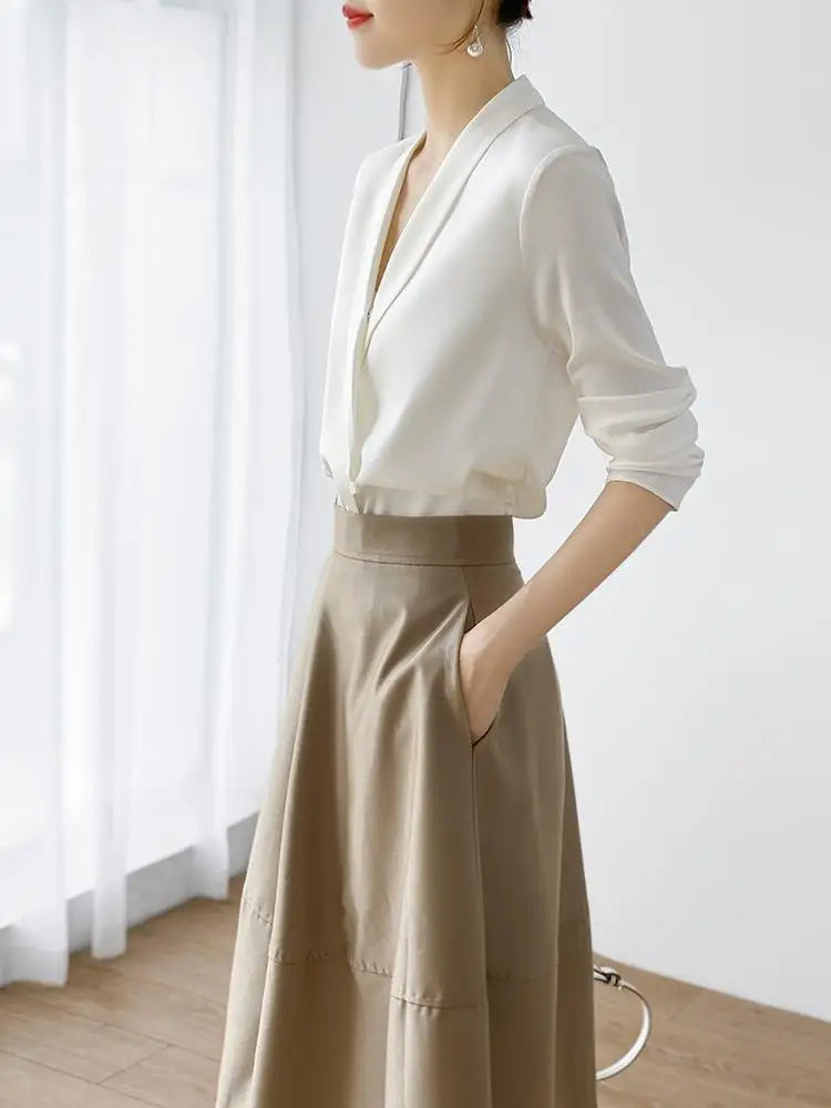 Silk Satin V-Neck Tunic - Long Sleeve, Office Chic