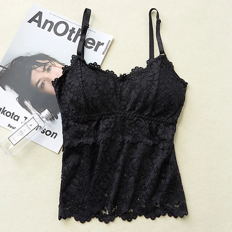 Floral Lace Bralette - Wirefree Sexy Camisole Top with Adjustable Straps & Removable Pads
