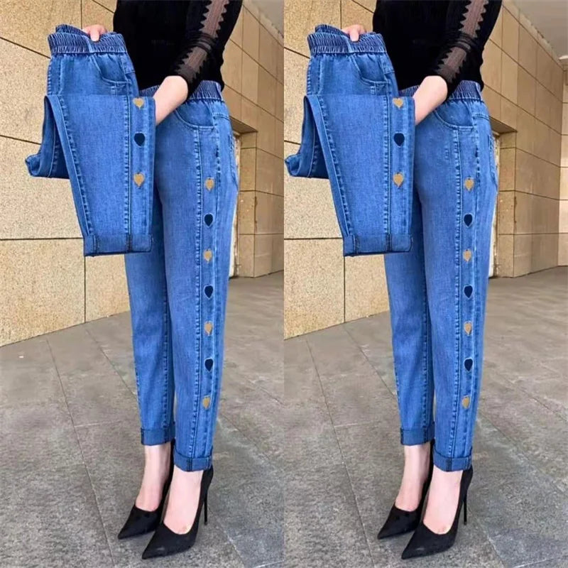 Winter Embroidered High-Waist Skinny Jeans - Stretch Elastic Denim Pants for Women (5XL)