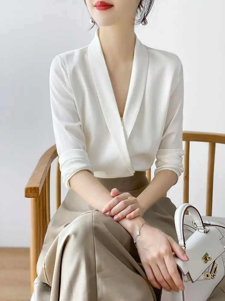 Silk Satin V-Neck Tunic - Long Sleeve, Office Chic