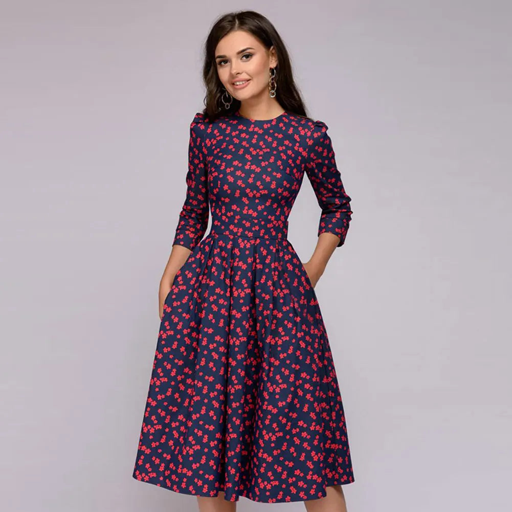 Vintage Pleated A-Line Tunic Dress - Elegant Long Sleeve Autumn Party Maxi Dress for Women