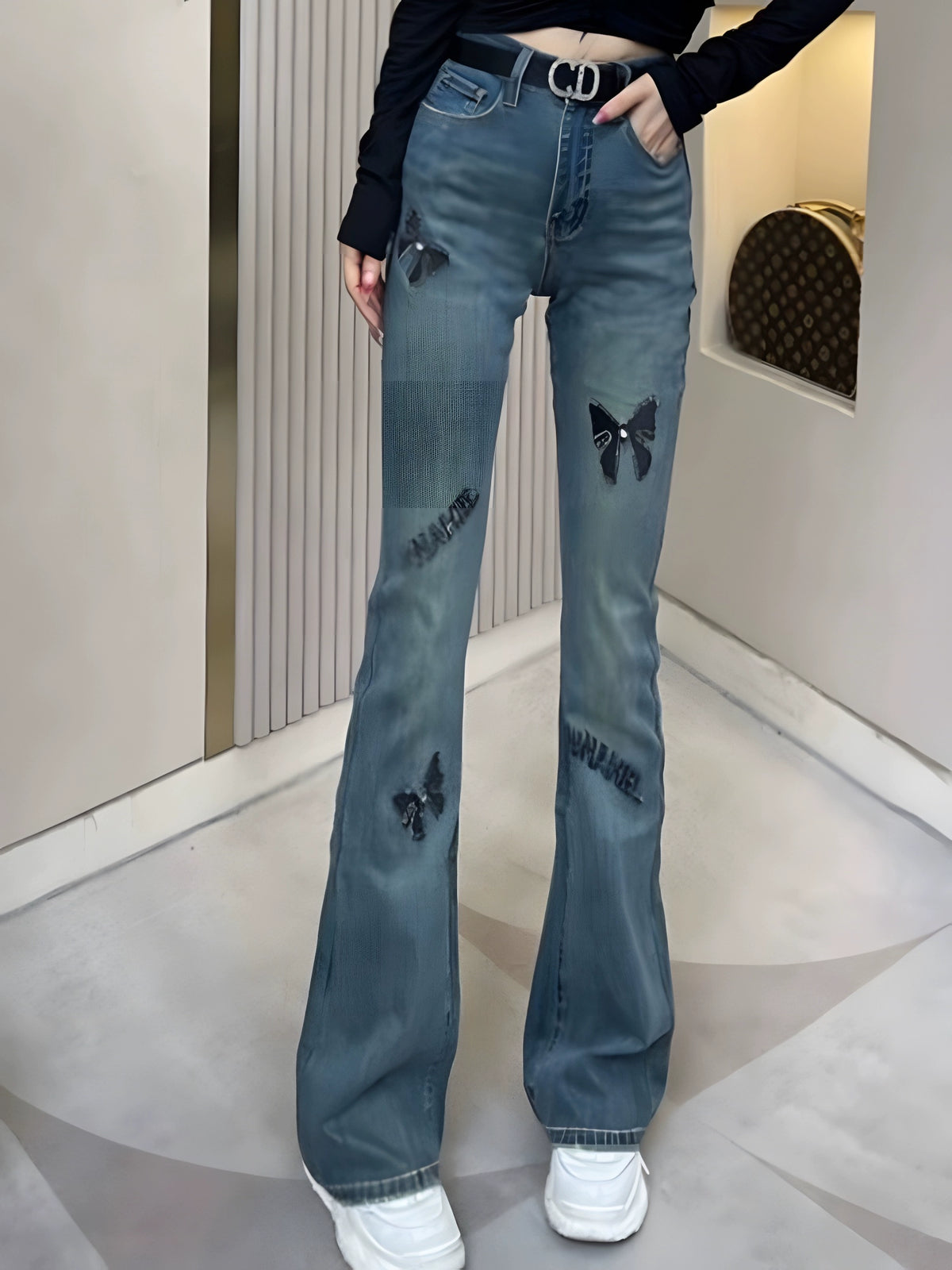 High Waist Slim Fit Rhinestone Embroidered Jeans – Elegant Fall Denim