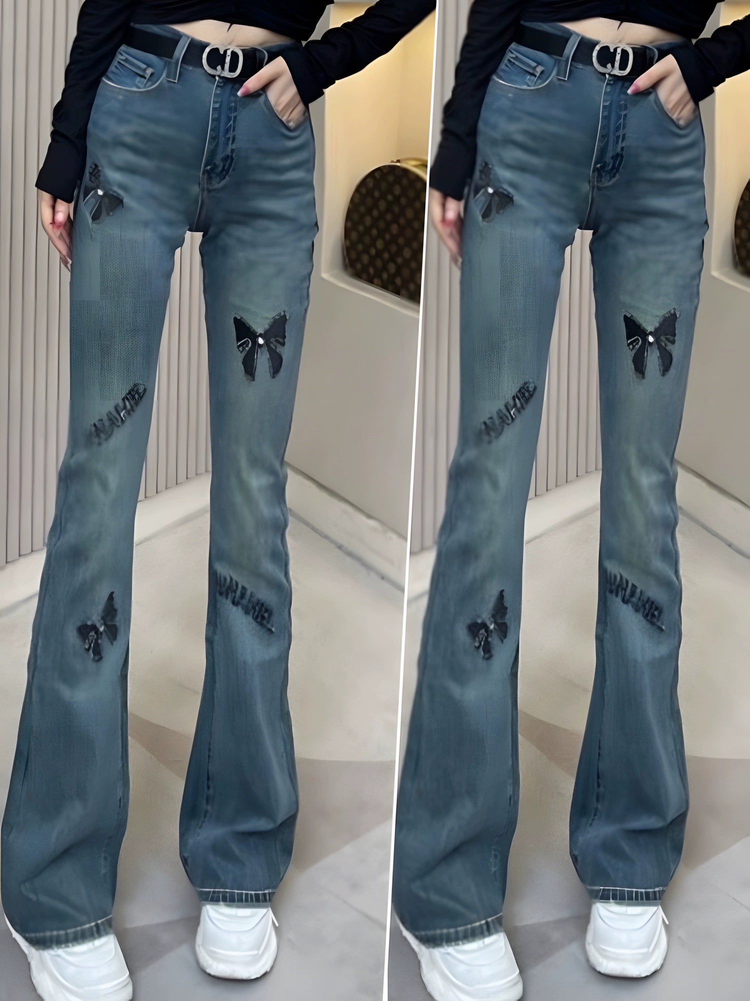High Waist Slim Fit Rhinestone Embroidered Jeans – Elegant Fall Denim