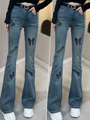 High Waist Slim Fit Rhinestone Embroidered Jeans – Elegant Fall Denim