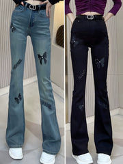 High Waist Slim Fit Rhinestone Embroidered Jeans – Elegant Fall Denim