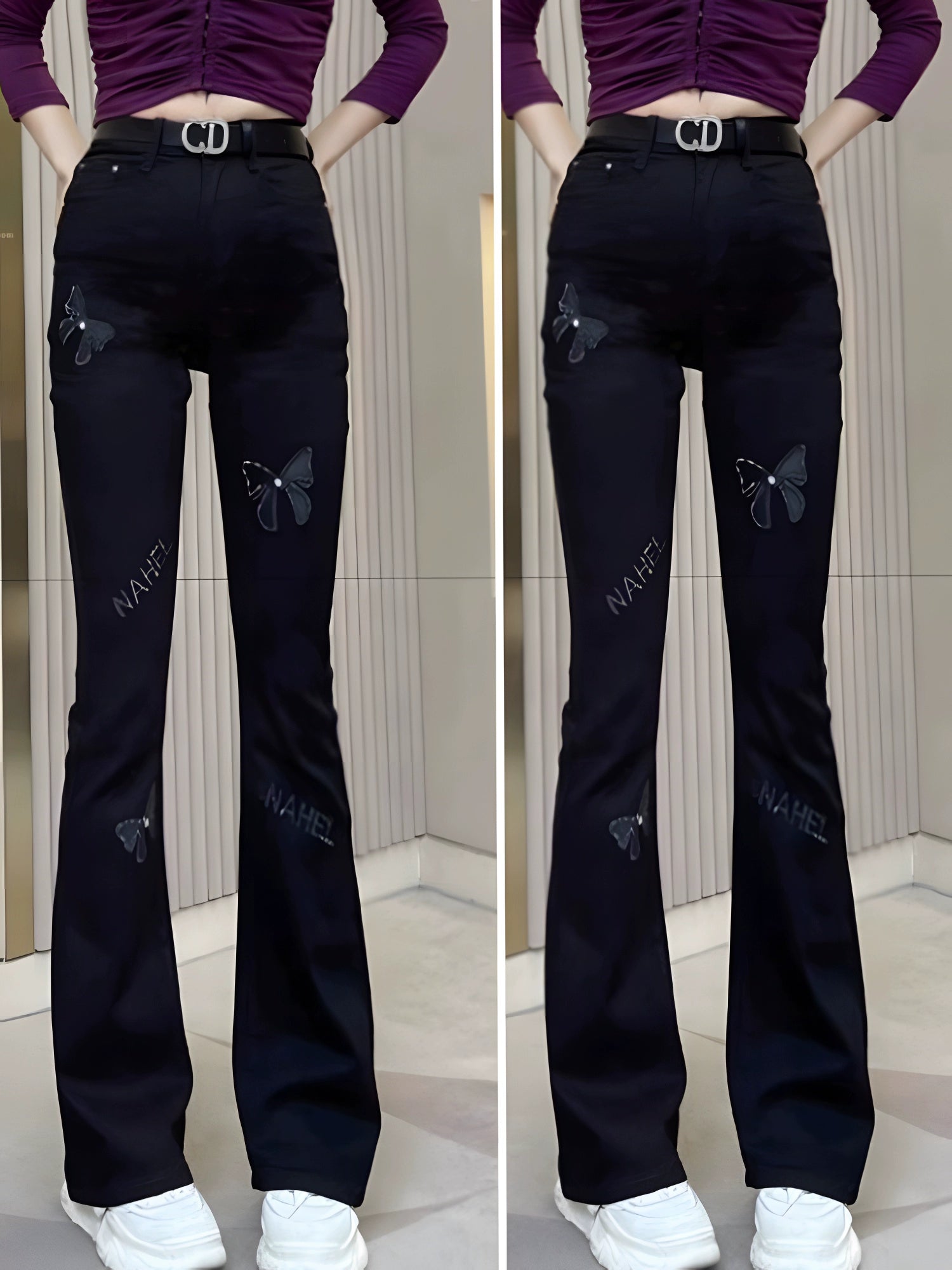 High Waist Slim Fit Rhinestone Embroidered Jeans – Elegant Fall Denim