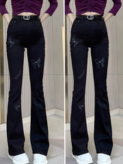 High Waist Slim Fit Rhinestone Embroidered Jeans – Elegant Fall Denim