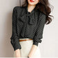 Polka Dot Shawl Collar Blouse - Bow Detail, Long Sleeve