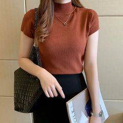 2024 Summer Turtleneck Knit Blouse - Short Sleeve