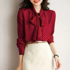 Polka Dot Shawl Collar Blouse - Bow Detail, Long Sleeve